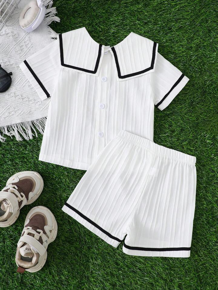SHEIN Souflis 2pcs Baby Boys' Sailor Collar White Short Sleeve Shirt And Comfortable Casual Short... | SHEIN