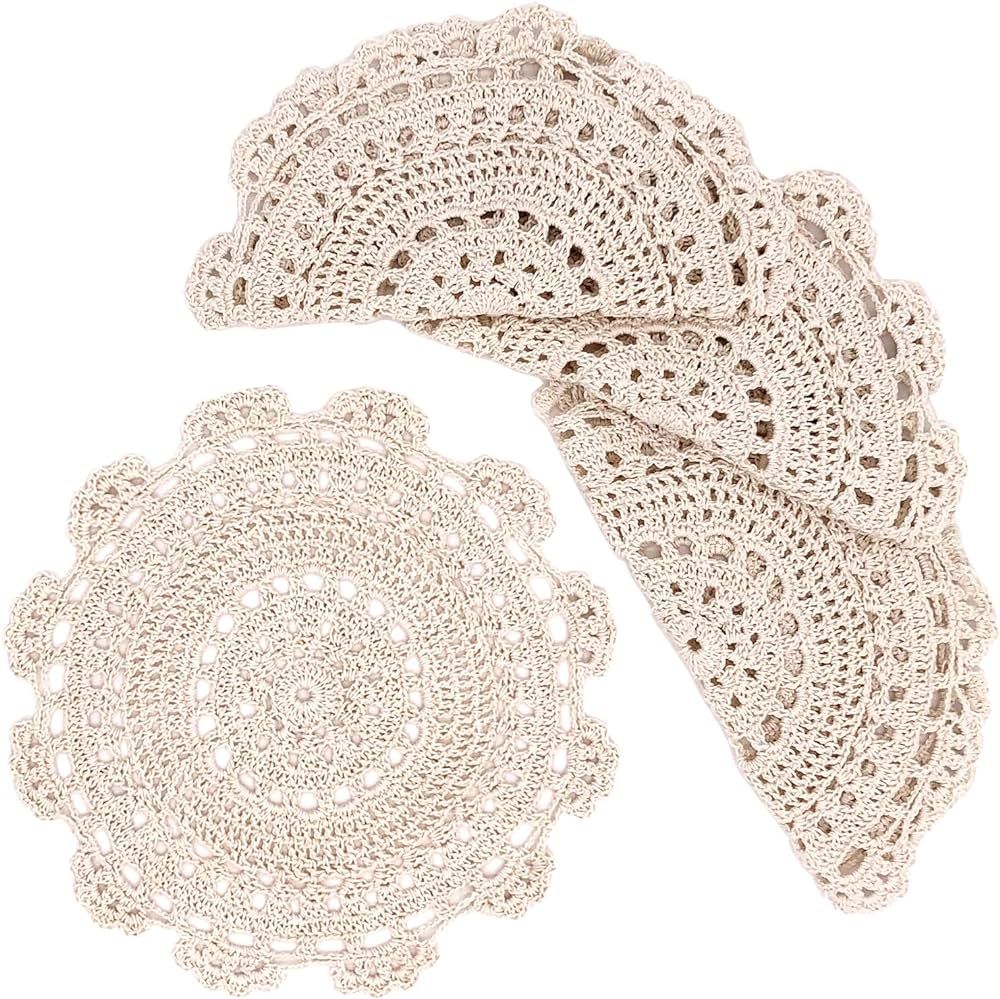 Phantomon 10 Inch Handmade Crochet Round Cotton Lace Table Placemats Doilies Pack of 4, Beige | Amazon (US)