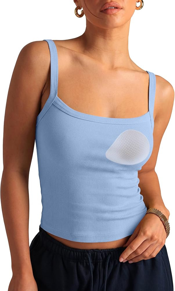 SUUKSESS Women Cotton Rib Padded Tank Tops Sleeveless Spaghetti Strap Square Neck Tops Summer Cam... | Amazon (US)