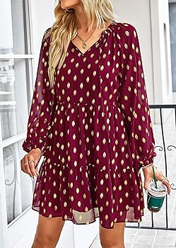 KIRUNDO Women's 2023 Fall Long Sleeve V Neck Ruffle Polka Dot Mini Dress Casual Loose Tiered Swin... | Amazon (US)