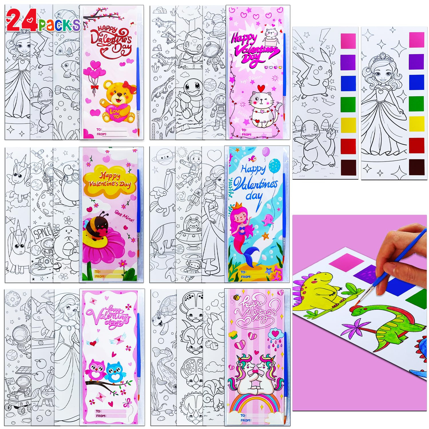 JUNQIU 24 Pack Valentines Day Cards for Kids School, Watercolor Coloring Book Set, Valentines Day... | Amazon (US)