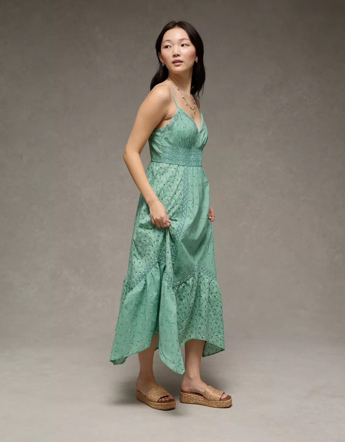 AE V-Neck Lace Inset Hanky Hem Midi Dress | American Eagle Outfitters (US & CA)