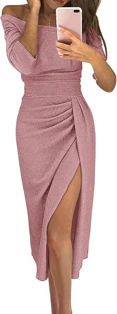 BTFBM Women Off Shoulder Bodycon Dresses Long Sleeve Ruched Slit Glitter Ball Gown Cocktail Party... | Amazon (US)