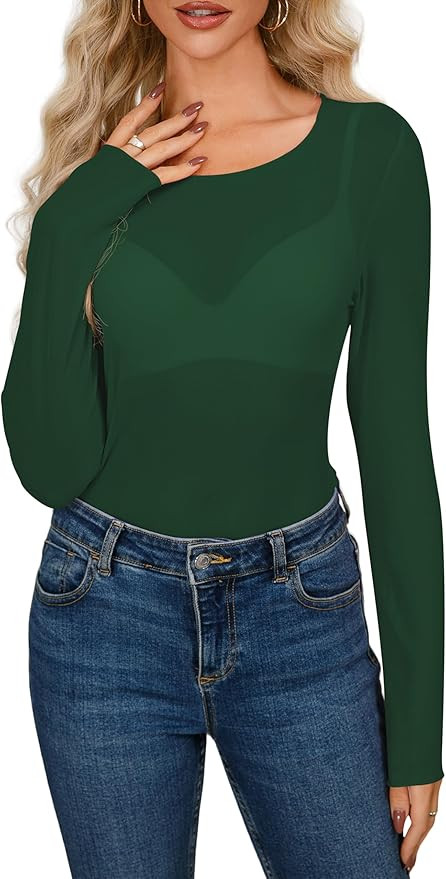 AISEW Womens Lace Floral Long Sleeve Mesh Tops Round Neck Sheer Blouse Sexy See Through Layering ... | Amazon (US)