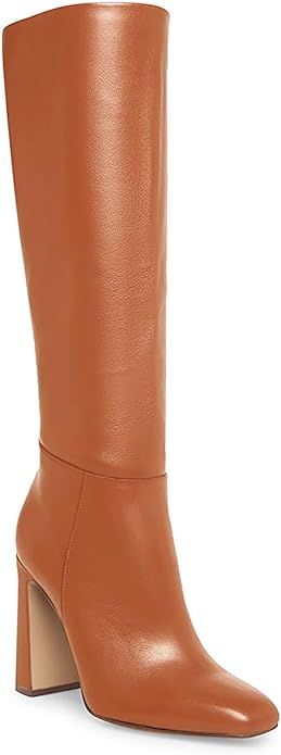 Coutgo Women's Chunky Heeled Knee High Boots Classic Leather Square Toe Zippered Tall Boot | Amazon (US)