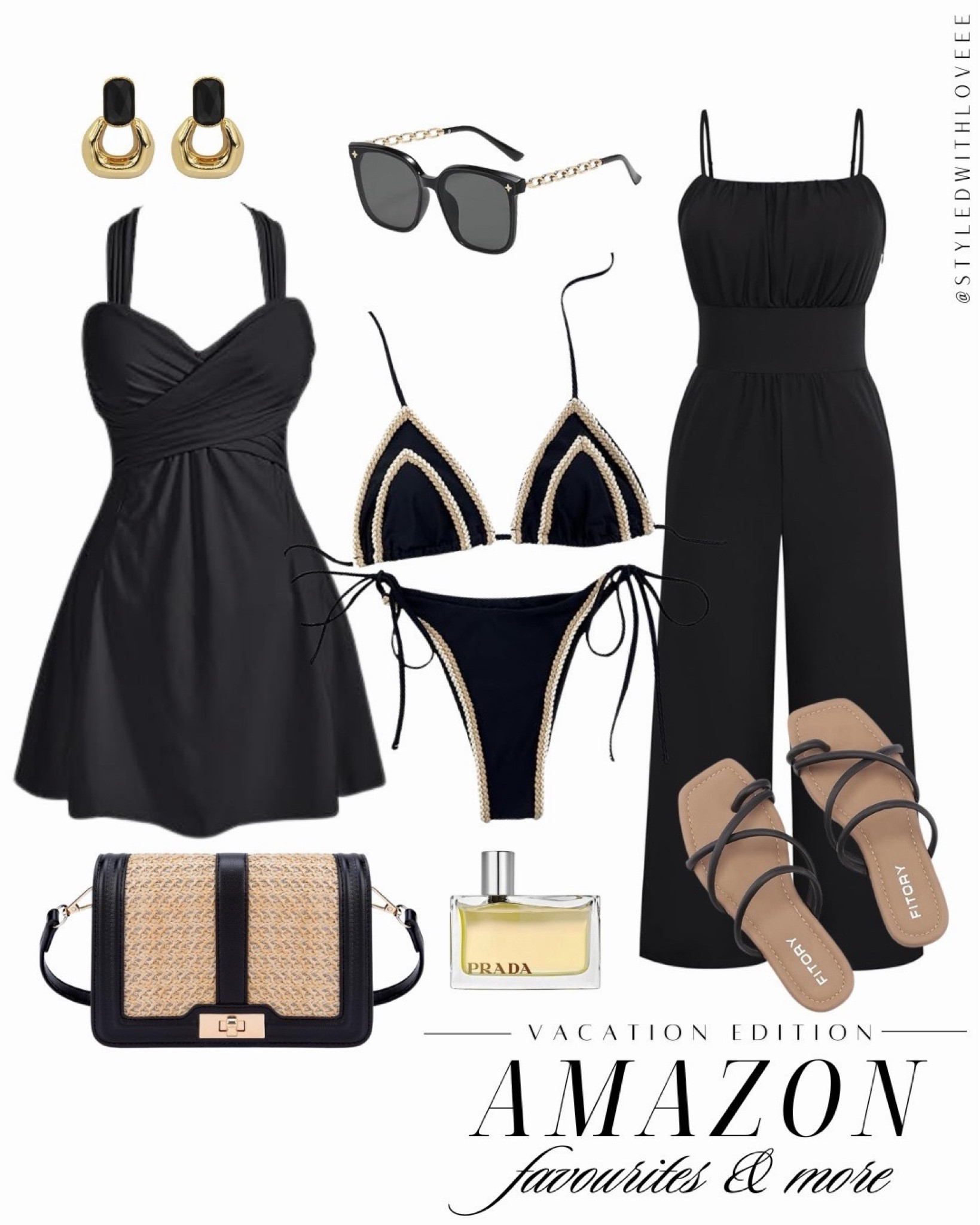 Vacation finds but make it timeless 🖤
This whole Amazon edit is giving minimal, chic, and effortless. Whether you're poolside in the glam black bikini or dressed up for dinner in this flattering one-piece dress — these pieces make packing easy.
Tossed in a few accessories I’ve been loving too: raffia crossbody, classic gold hoops, and the prettiest summer scent.

#LTKootd #LTKSwim #LTKTravel