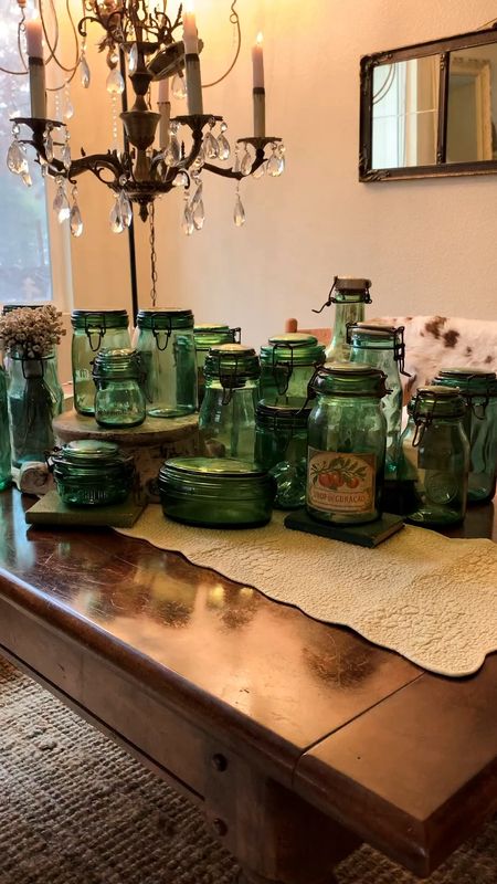 Green French canning jars are stunning & a wonderful collection to have. Glass lids & porcelain. #LTKvintage #LTKfrenchdecor #LTKcozyhome for more inspiration countrychichomes.com

#LTKFind #LTKeurope #LTKhome