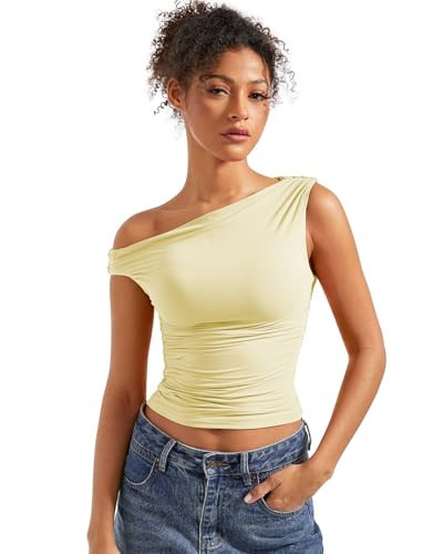 SUUKSESS Women Off Shoulder Tops Sleeveless Shirts Y2K Trendy Going Out Crop Tank Top (Butter Yellow,L) | Amazon (US)