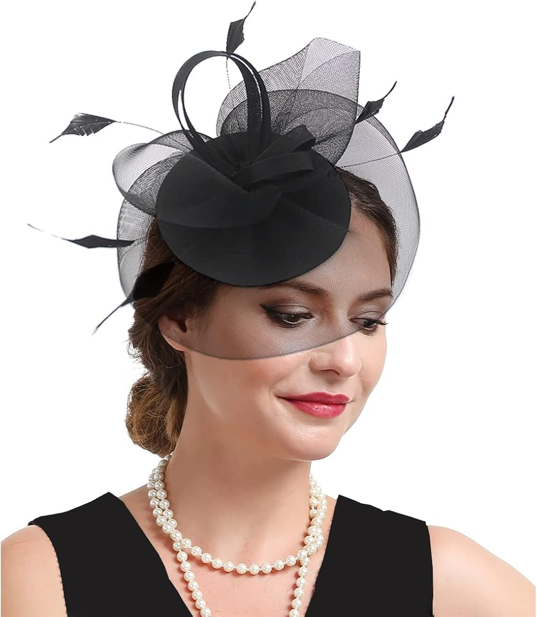 FeiYu Crafts Penny Mesh Hat Fascinator with Mesh Ribbons and Black Feathers | Amazon (US)