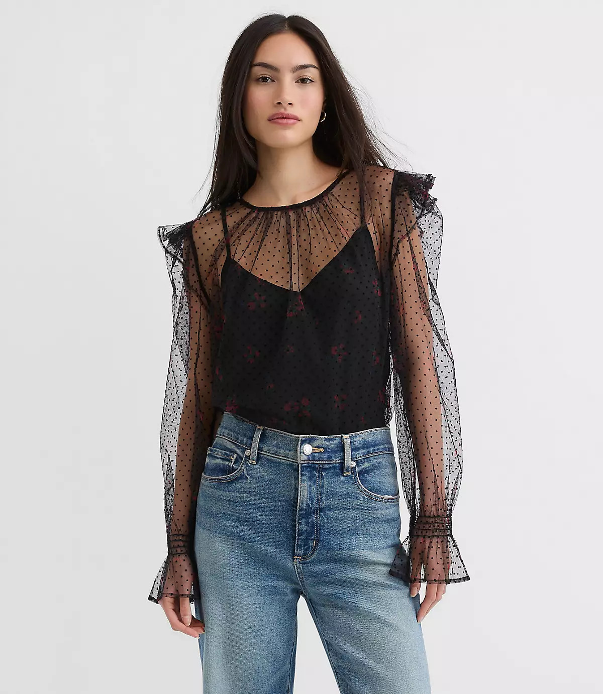 Petite Velvet Dot Tulle Floral Cami Blouse | LOFT