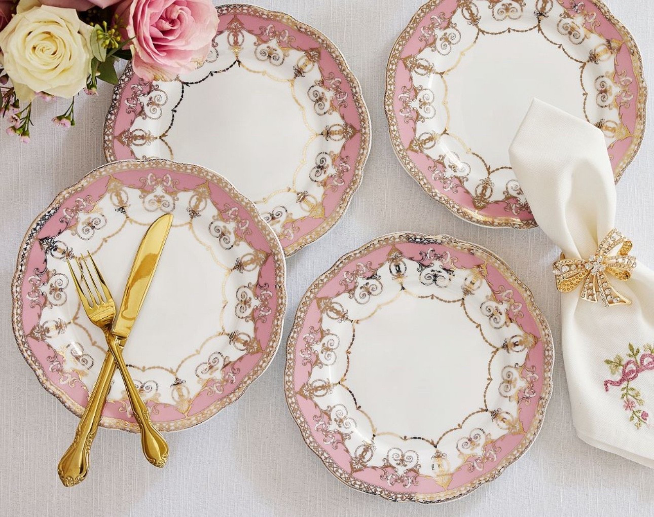 LOVESHACKFANCY SALAD PLATES 
set of 4

ON CLEARANCE!!! $38.97
So cute for Valentine’s Day or Mother’s Day! I wish I didn’t miss out on their entire  holiday collection! But a few items left! And can mix them in with other gold or plate china… so cute and can still make a statement with the salad plates! 
