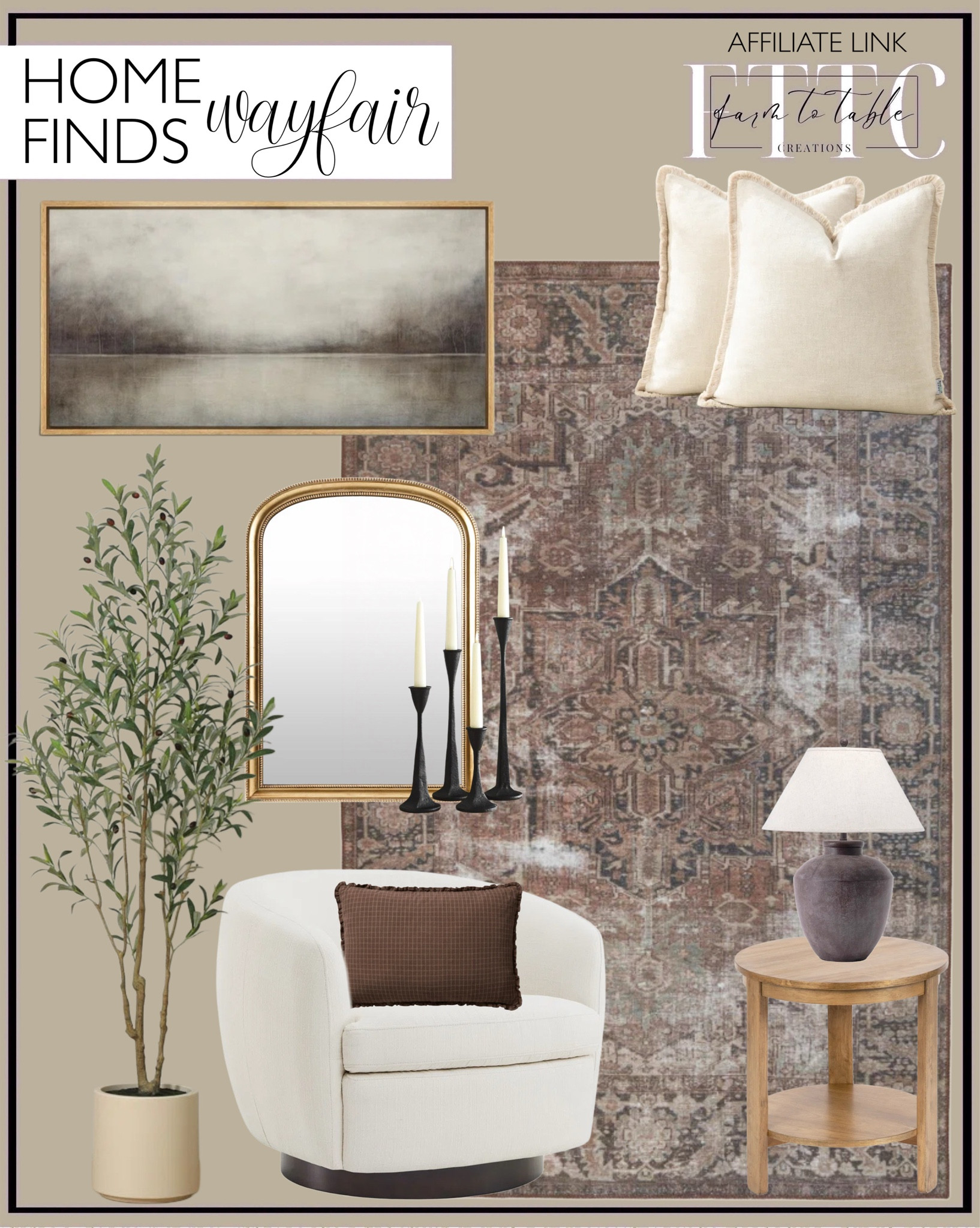 Wayfair Home Finds. Follow @farmtotablecreations on Instagram for more inspiration.

Machine washable area rug. Swivel Barrel Chair. Vintage Brown Table Lamp. Landscape Abstract Art. Side Table. Claritha Mirror. Candlesticks. Chris Loves Julia x Loloi Reversible pillow. Linen Textured Pillows. Olive tree in planter. 

Wayfair Finds | Coffee Bar | Cocoa Bar | Amazon Home |  Bathroom | Curated Entryway | Spring Decor | End of Year Clearance | Trending Decor | Viral Decor | Amazon Holiday | Bedroom corner | Coffee Table Decor | Neutral Decor | Fall Stem Sale | Target Finds | Skinny Bench | Bedroom | Living Room | Breakfast Nook | Amazon Home | Target Sale | Loloi Rugs | Magnolia Home | console table | console table styling | faux stems | entryway space | front porch decor | neutral decor | entryway decor | cozy home | affordable decor |  home decor | home inspiration | console styling | entryway rug | cozy moody home | moody home decor | neutral home | bathroom decor | living room









#LTKSaleAlert #LTKFindsUnder50 #LTKHome
