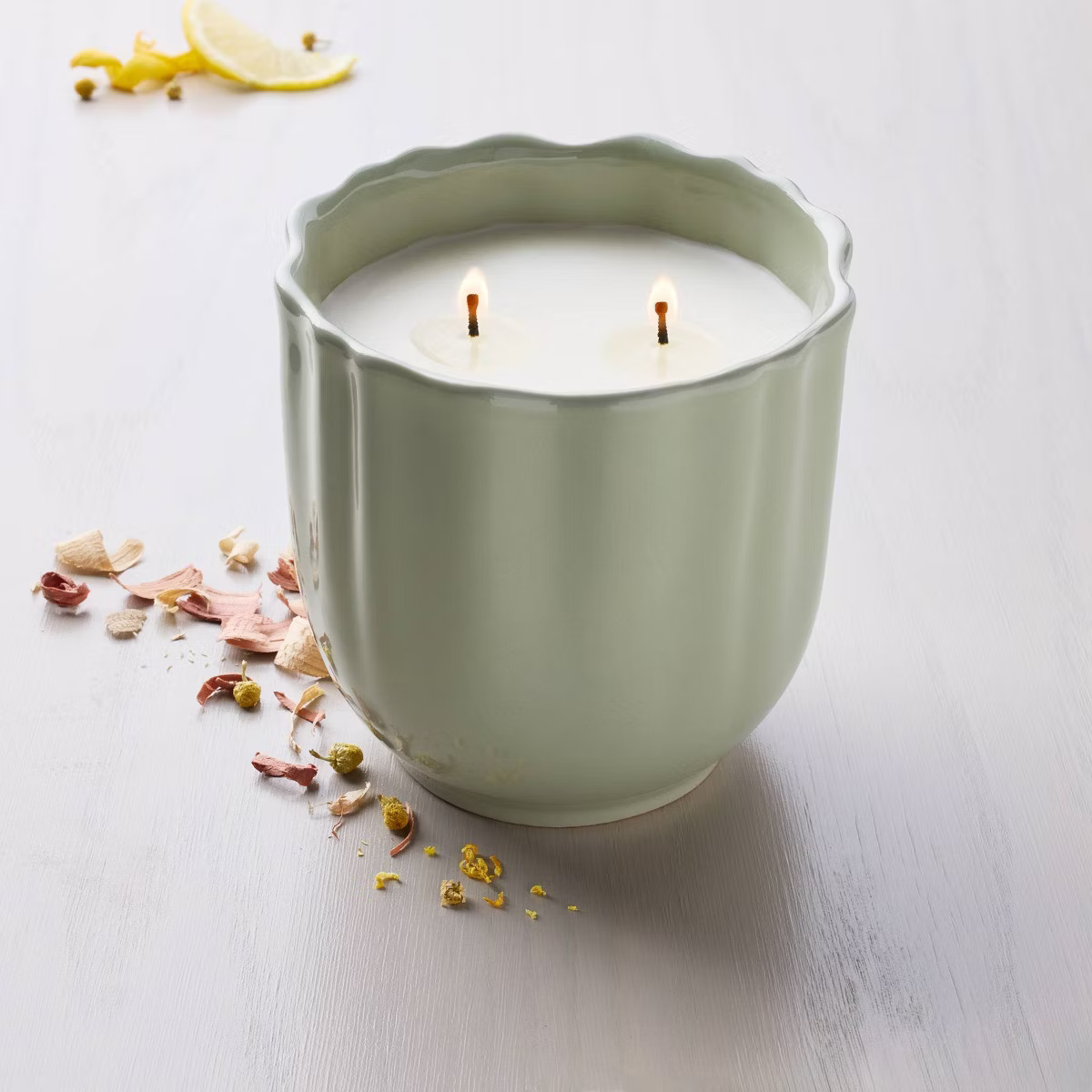Scalloped Ceramic Lemon and Cedar Jar Candle Green - Hearth & Hand™ with Magnolia | Target