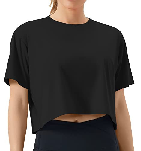THE GYM PEOPLE Women's Workout Crop Top T-Shirt Short Sleeve Boxy Yoga Running Cropped Basic Tee Black | Amazon (US)