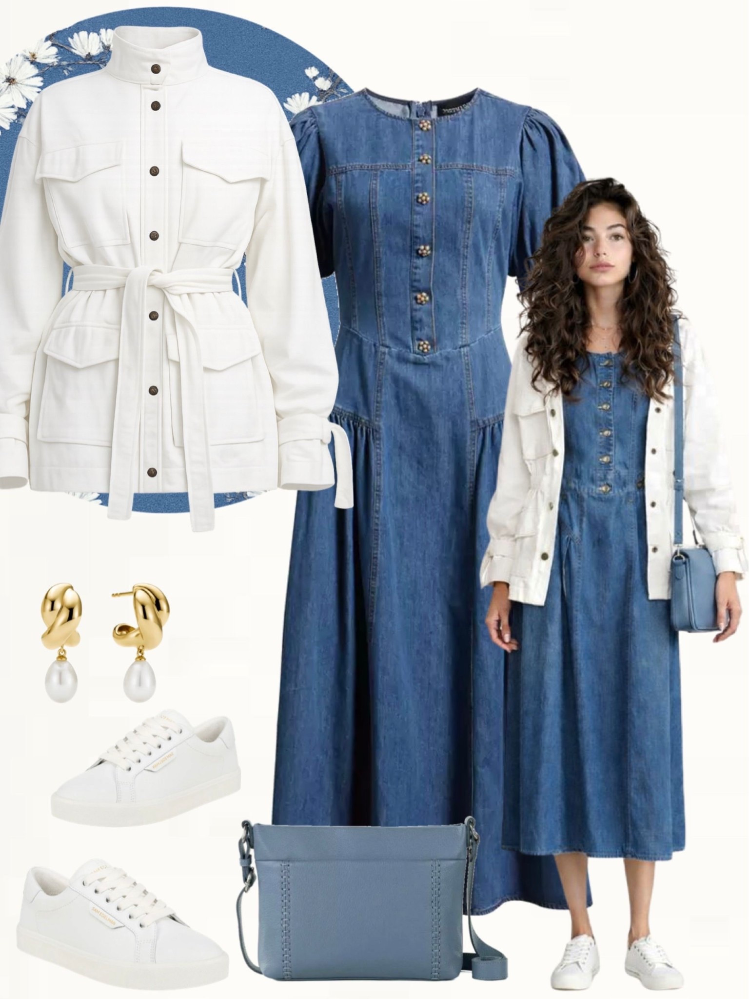 Dark blue denim midi dress with front buttons styled with a white utility jacket, white sneakers, and a light blue crossbody bag. Finished with gold and pearl drop earrings.
#springoutfits #denimdress #minimalstyle

#LTKSeasonal #LTKOver40 #LTKootd