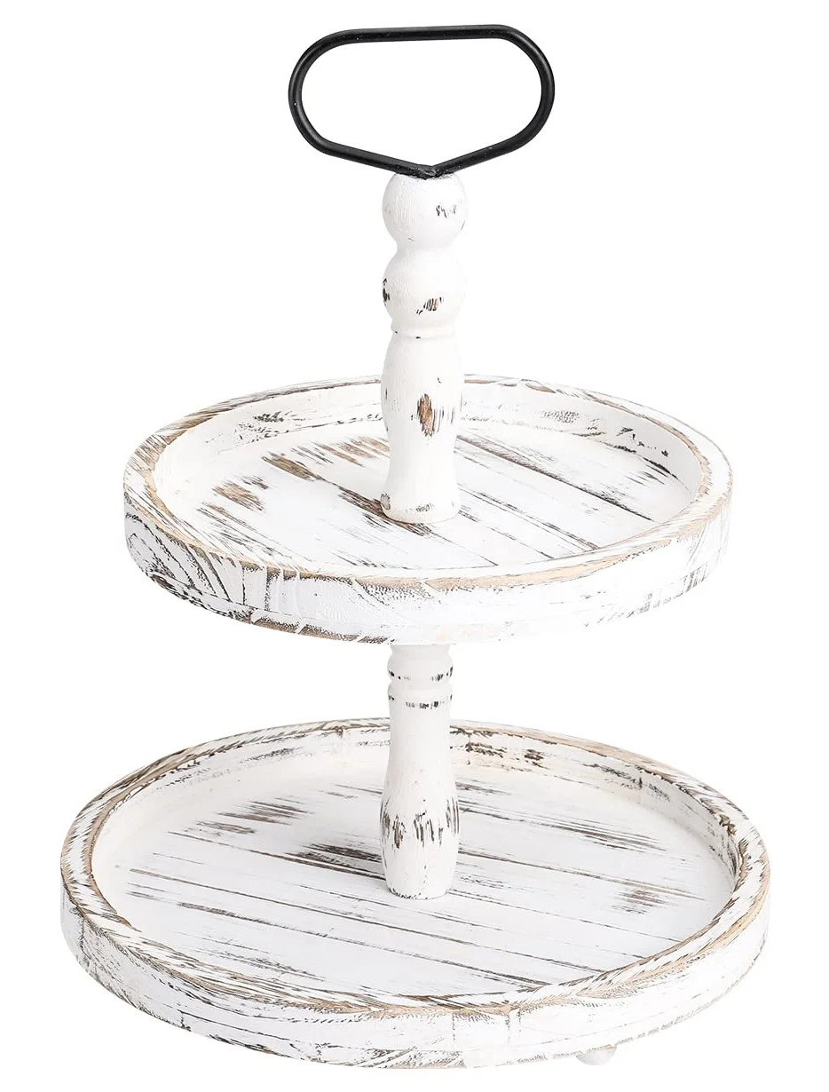 Farmhouse Wooden Decorative Two Tiered Trays+ Pu Leather Tray,Wood 2 Tier Serving Tray Stand for ... | Walmart (US)