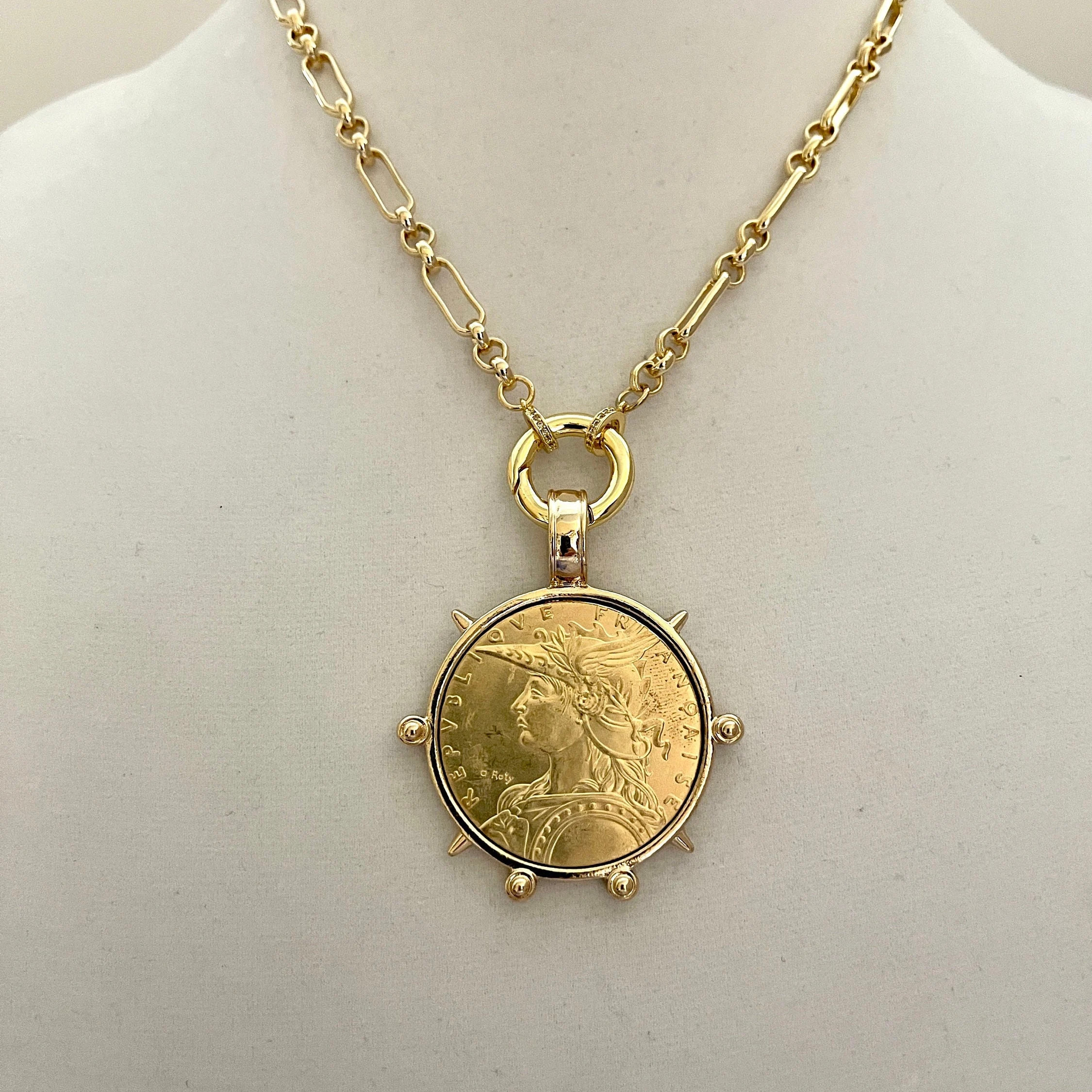 Gold French Coin Pendant Necklace, Art Deco Reproduction Jewelry | Etsy (Global)