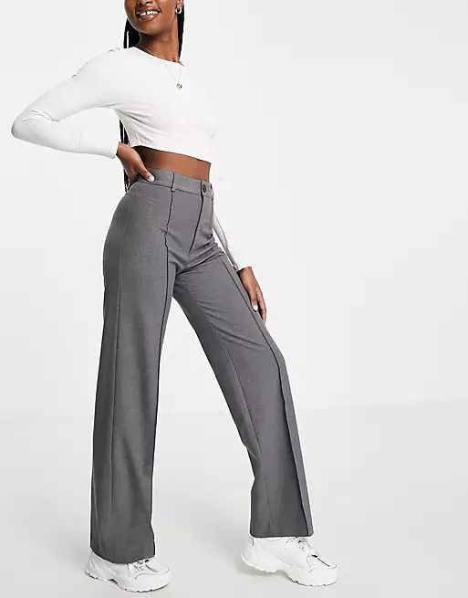 Pull&Bear high waisted tailored straight leg trouser in grey | ASOS (Global)