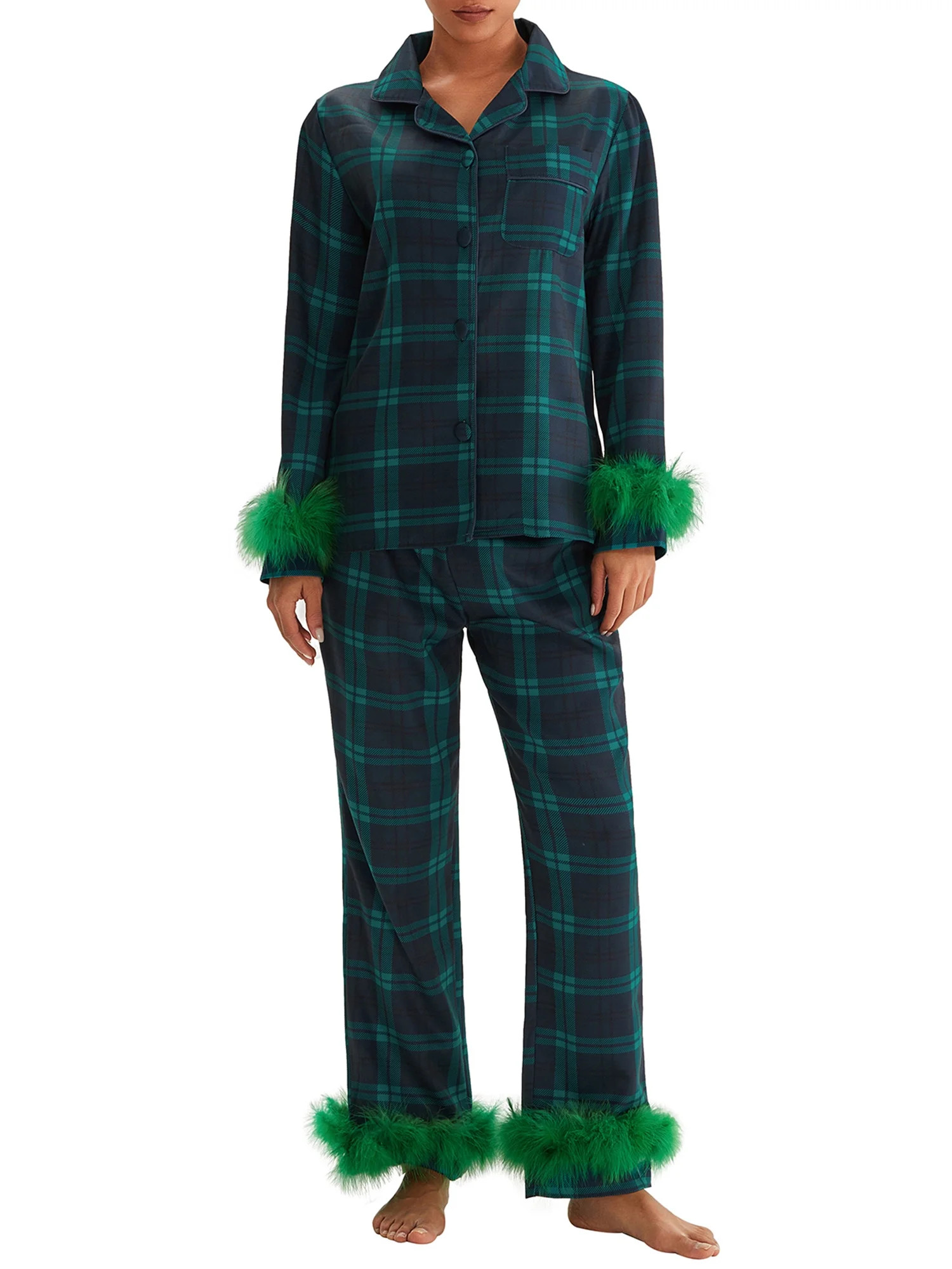 Komoo Women Christmas Silk Pajamas with Feathers Long Sleeve Plaid Button Down Shirt and Pants Se... | Walmart (US)