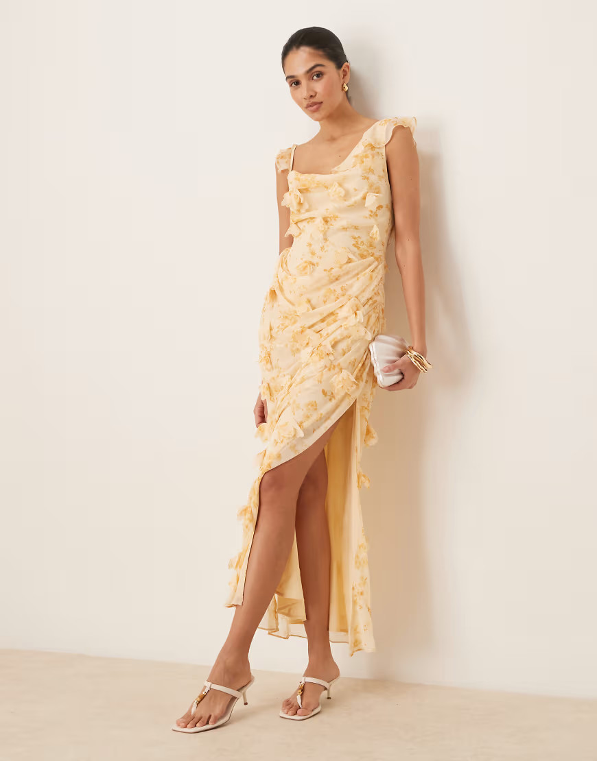 ASOS DESIGN 3D flower draped ruffle sleeve midaxi dress with open back in ditsy floral print-Multi | ASOS (Global)