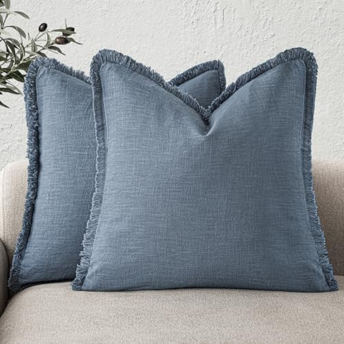 Foindtower Set of 2 Decorative Linen Fringe Throw Pillow Covers Cozy Boho Farmhouse Cushion Cover with Tassels Soft Accent Pillowcase for Couch Sofa Bed Living Room Home Decor, 18×18 Inch, Misty Blue | Amazon (CA)