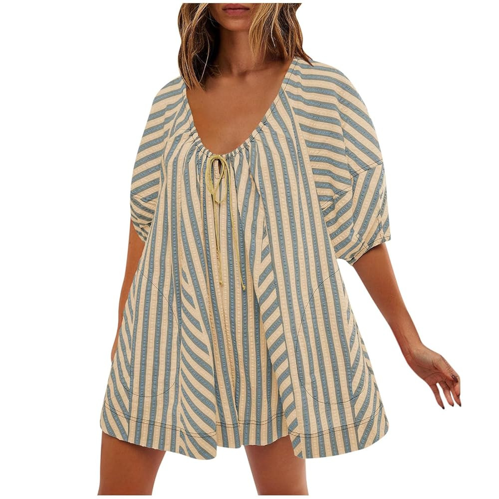 Summer Tshirt Romper for Women Casual Striped Romper Puff Short Sleeve Wide Leg Oversized Romper ... | Amazon (US)
