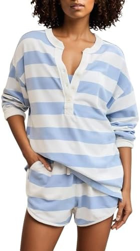 Livtany Women's Striped Matching Workout Set Oversized Henley Shirts and Drawstring Shorts with P... | Amazon (US)