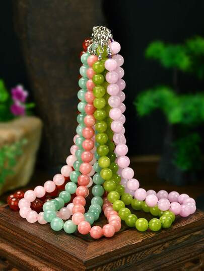 10mm Natural Stone Bead Necklace, Bohemian Vintage Round Bead Choker, Rose Quartz & Green Aventur... | SHEIN