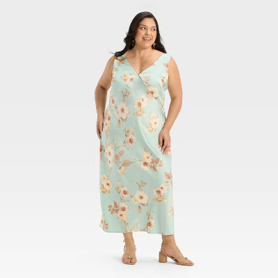 Women's Satin Slip Maxi Dress - A New Day™ Mint Floral 4X | Target