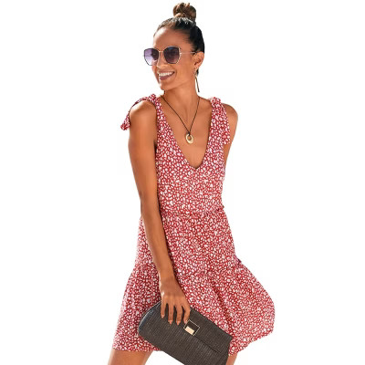 LASCANA Women's Tie Strap Tiered Dress Leopard Spot Red & White 14 | Target