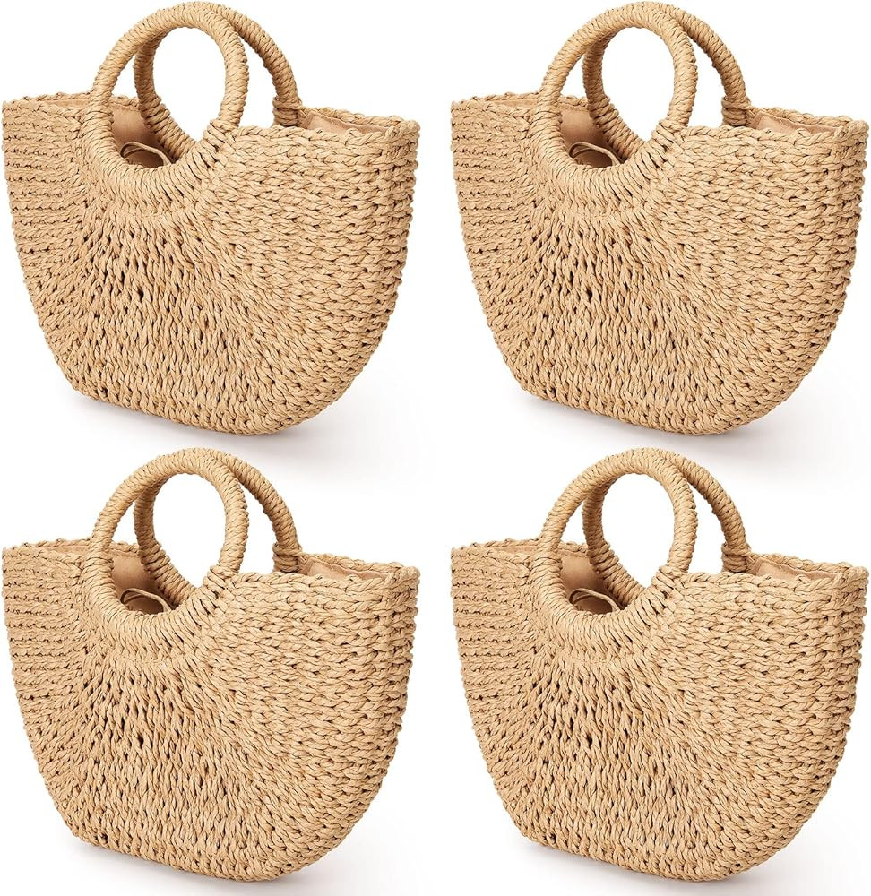 Mixweer 4 Pcs Hand Woven Straw Bag Summer Travel Straw Beach Bags for Women Round Top Handle Stra... | Amazon (US)