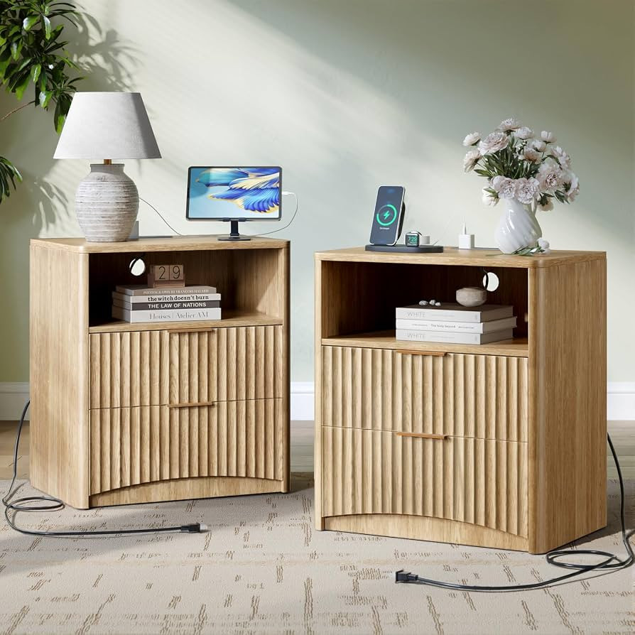 Evermagin Fluted Nightstand Set of 2 with Charging Station, Natural Oak | Amazon (US)