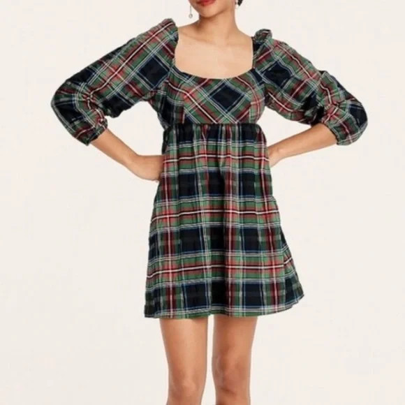 J. Crew Puff Sleeve Mini Dress Stewart Tartan NWT | Poshmark