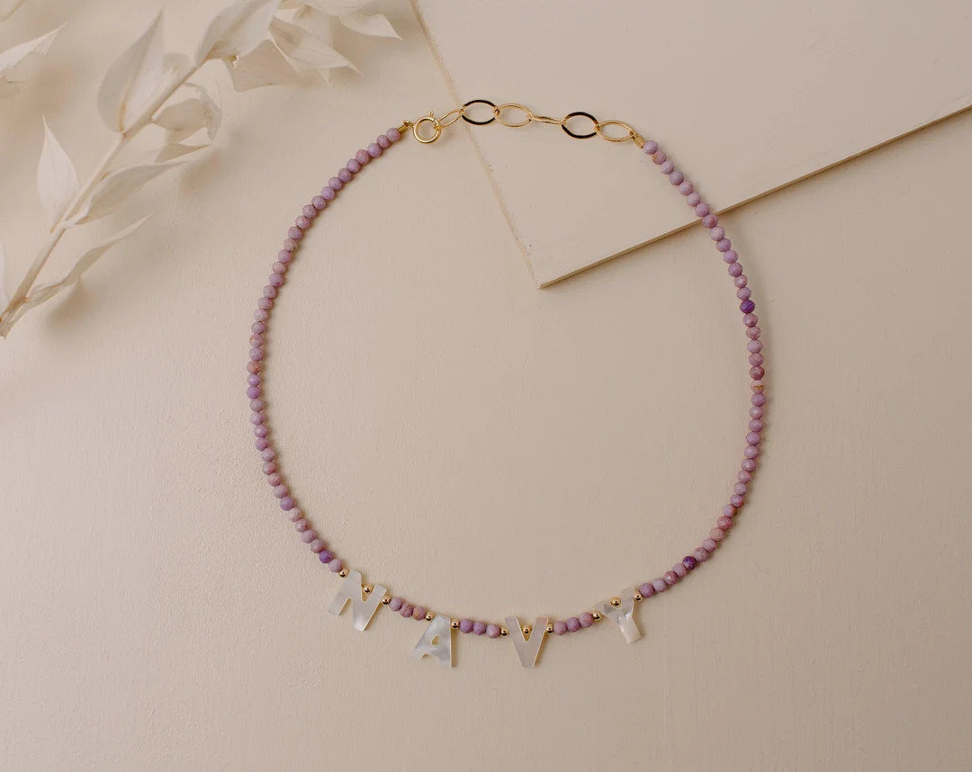 Purple Phosphosiderite Gemstone Name Necklace | Initial Necklace | Name Necklace | Pearl Letter N... | Etsy (US)