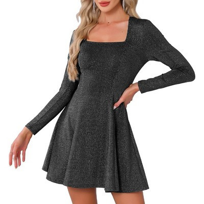 INSPIRE CHIC Women's Sparkly Square Neck Long Sleeve Cocktail Club A-Line Evening Party Dress X-Small Black | Target