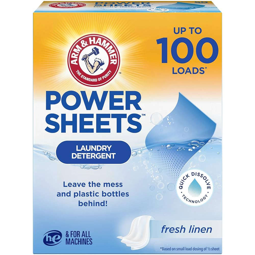 Arm & Hammer Power Sheets Laundry Detergent, Fresh Linen 50ct, up to 100 Small Loads (Packaging m... | Amazon (US)