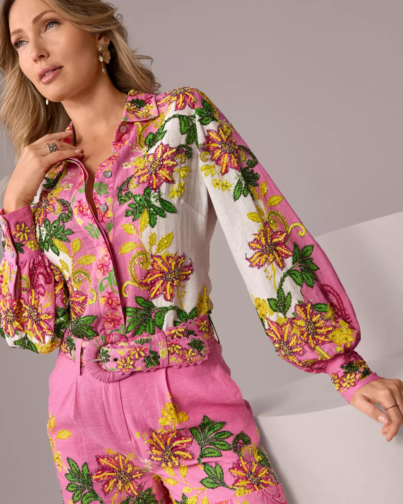 Printed Linen Embellished Shirt - Embellished Garden | Boston Proper | Boston Proper