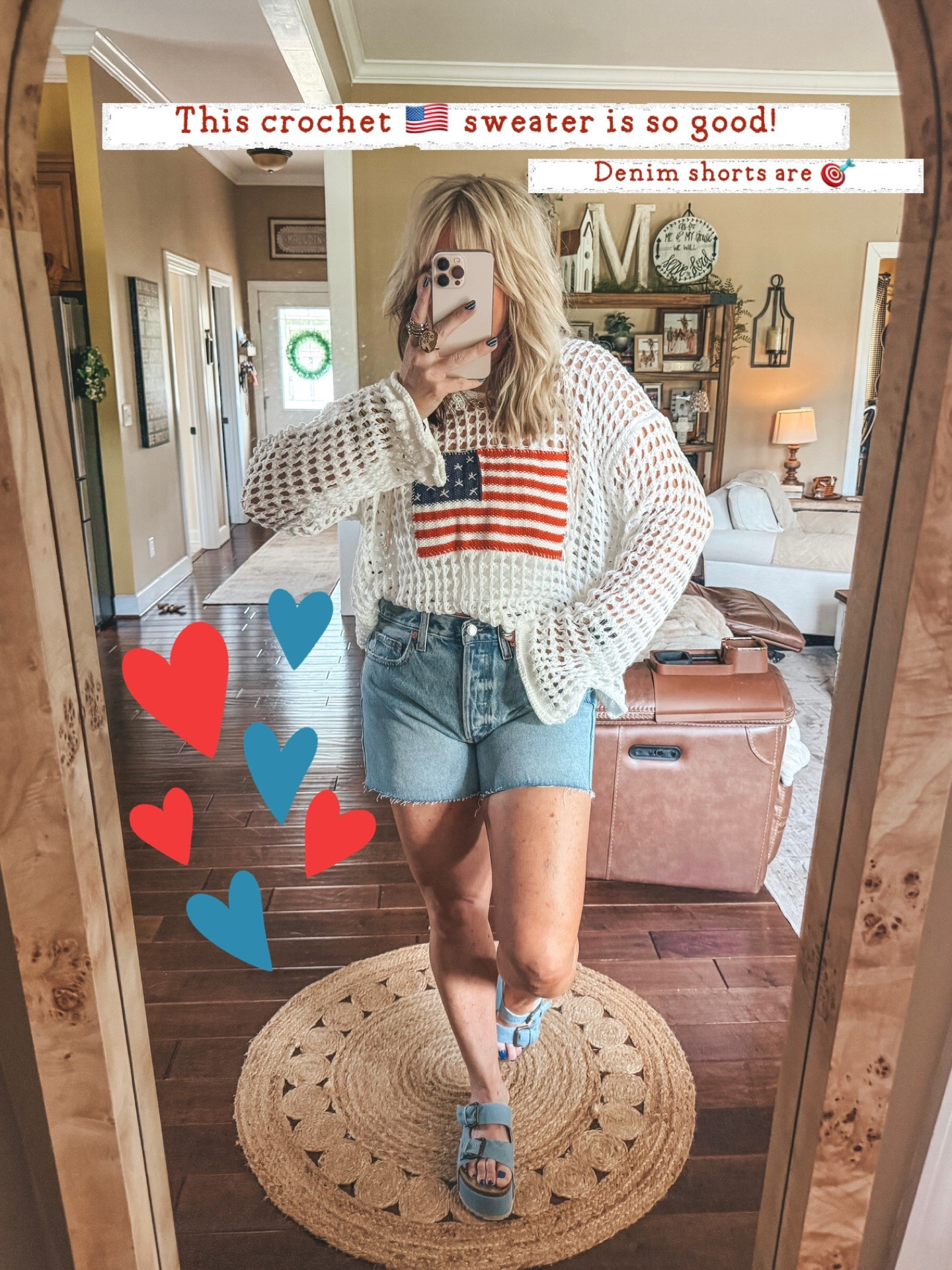 The cutest crochet sweater and love these denim shorts! 🥰🇺🇸

#LTKOver40