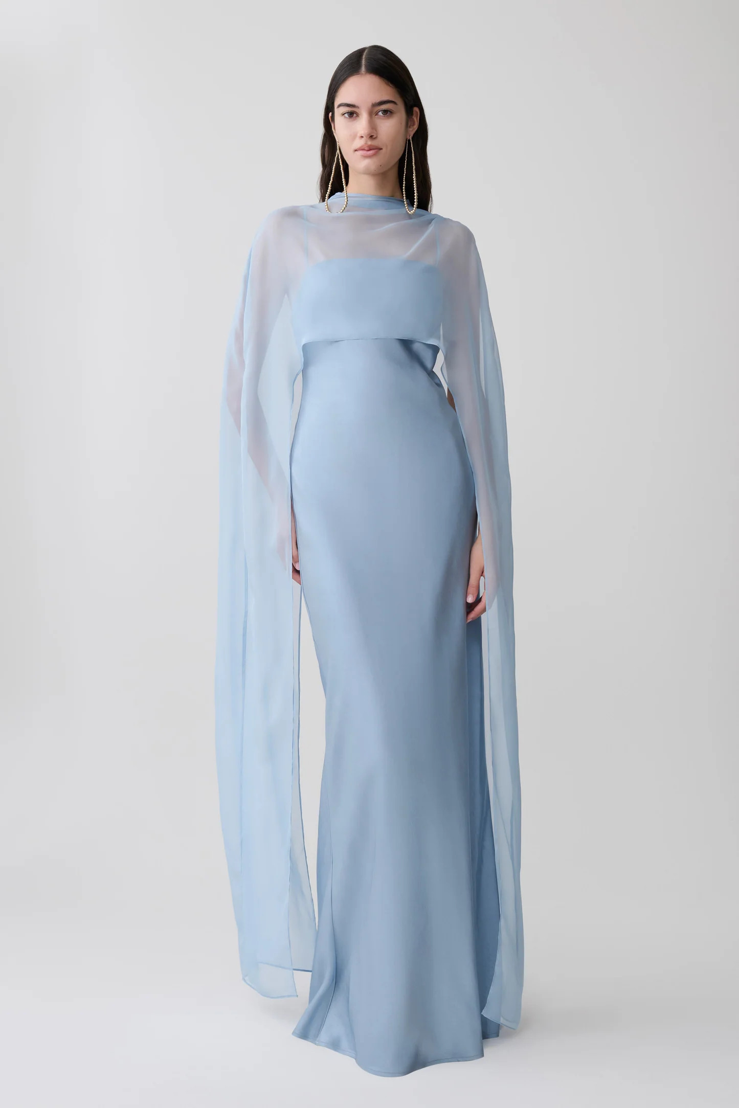 Martinne Chiffon Cape Maxi Dress - Arctic Blue | Meshki UK