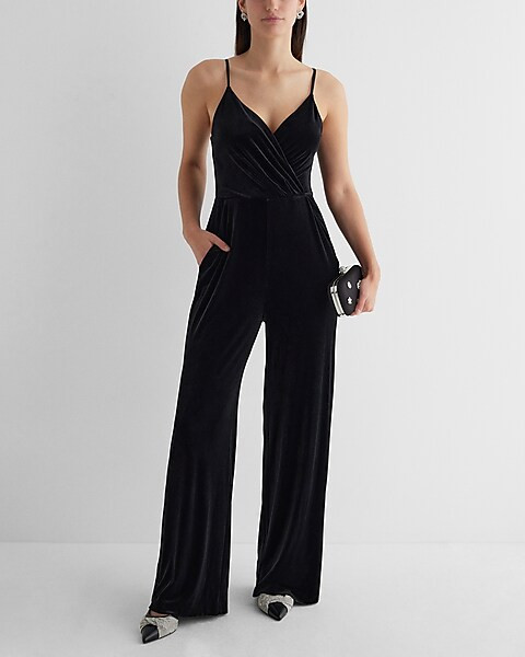 Velvet V-Neck Surplice Wide Leg Jumpsuit | Express