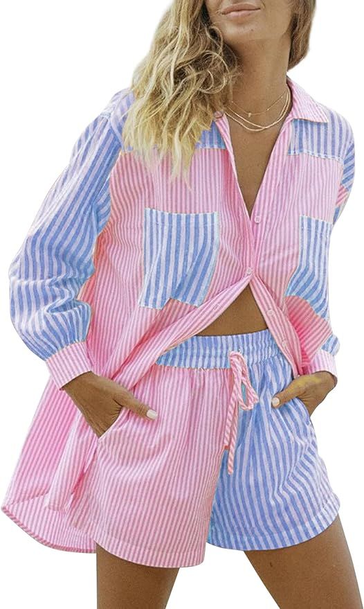 Meladyan Women 2 Piece Casual Striped Button Long Sleeve Loose Polo Shirt And High Waist Shorts O... | Amazon (US)