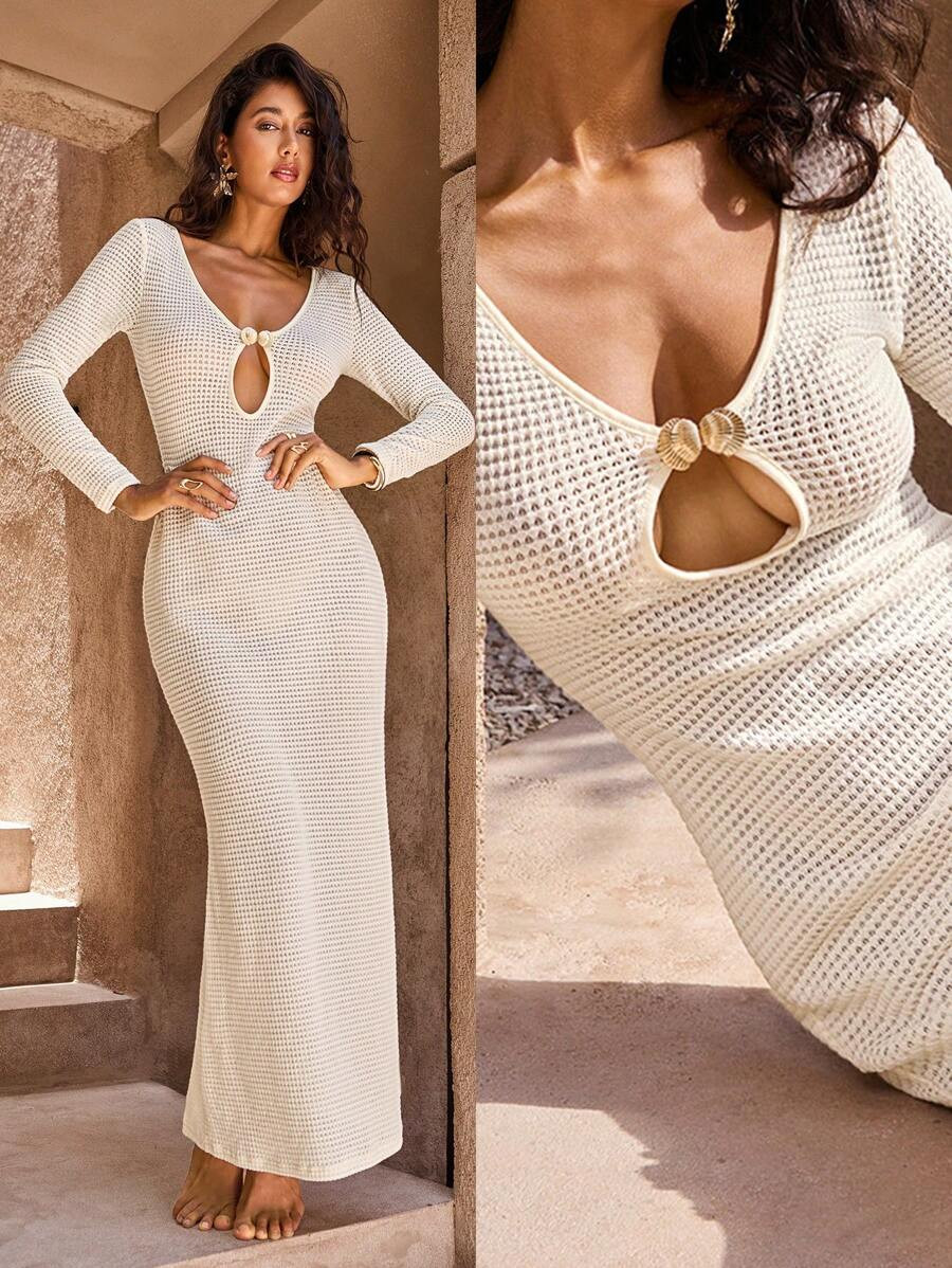 Opulessa Women's Off-White Knit V-Neck Long Sleeve Fishtail Mermaid Dress, Elegant Sexy Autumn Tropical Holiday Vacation, Wedding Beach Cocktail Party Gown | SHEIN