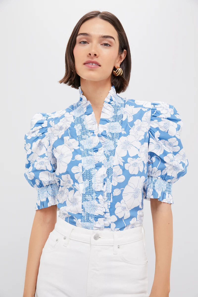 Blue Floral Ruffle Neck Aria Blouse | Tuckernuck (US)