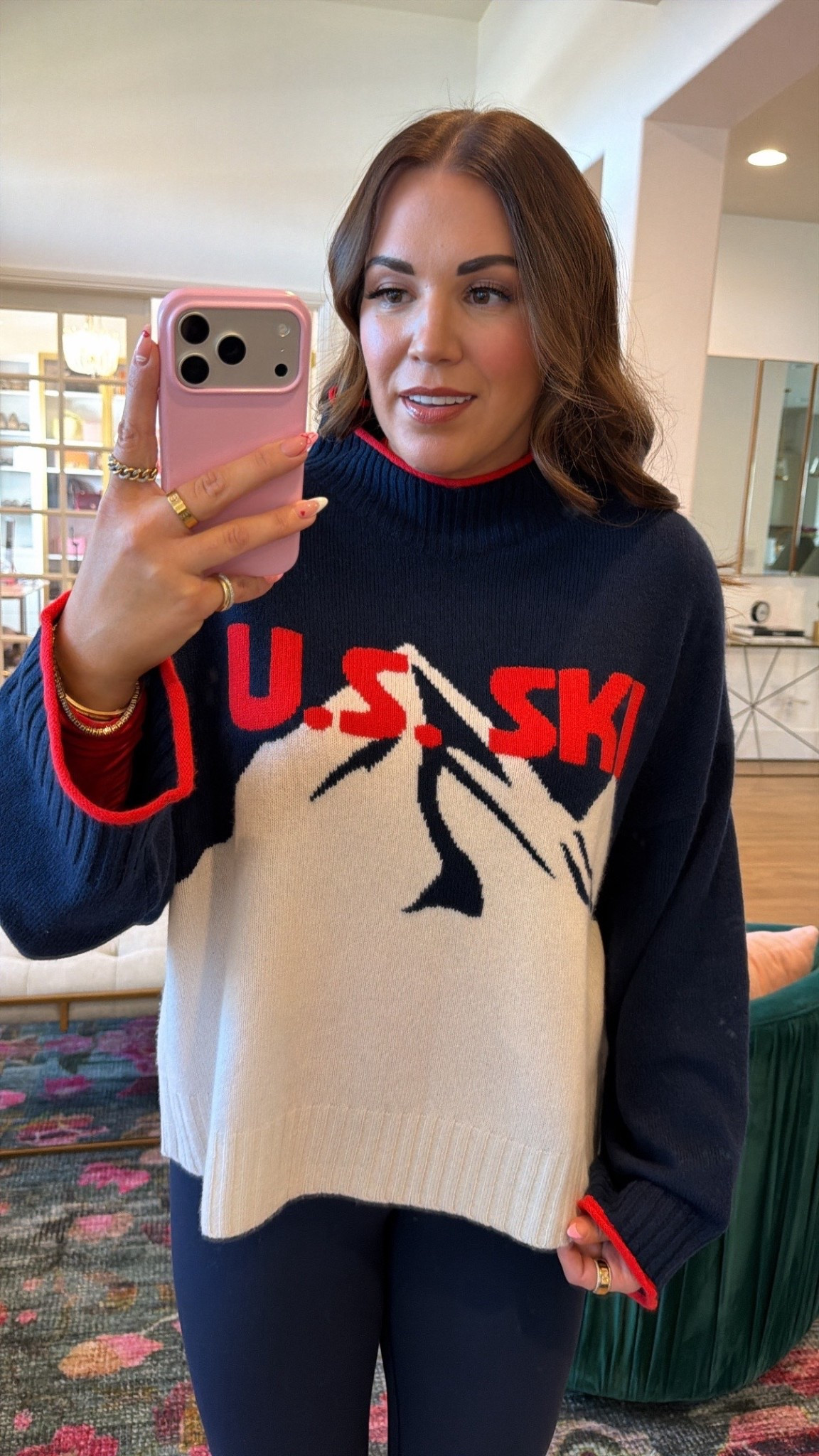 curvy midsize US Ski Olympic-themed outfit! wearing size large in. sweater + mock neck and size 10 in leggings 

#LTKSeasonal #LTKMidsize