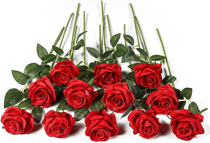 Kisflower 12 Pcs Red Roses Artificial Flowers with Stems Silk Roses Fake Rose Realistic Flower Bo... | Amazon (US)