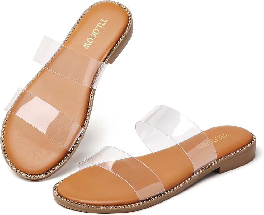 Women's Flat Sandals Two Strap Summer Dressy Studded Slide Sandals Open Toe Cute Casual Slip on C... | Amazon (US)