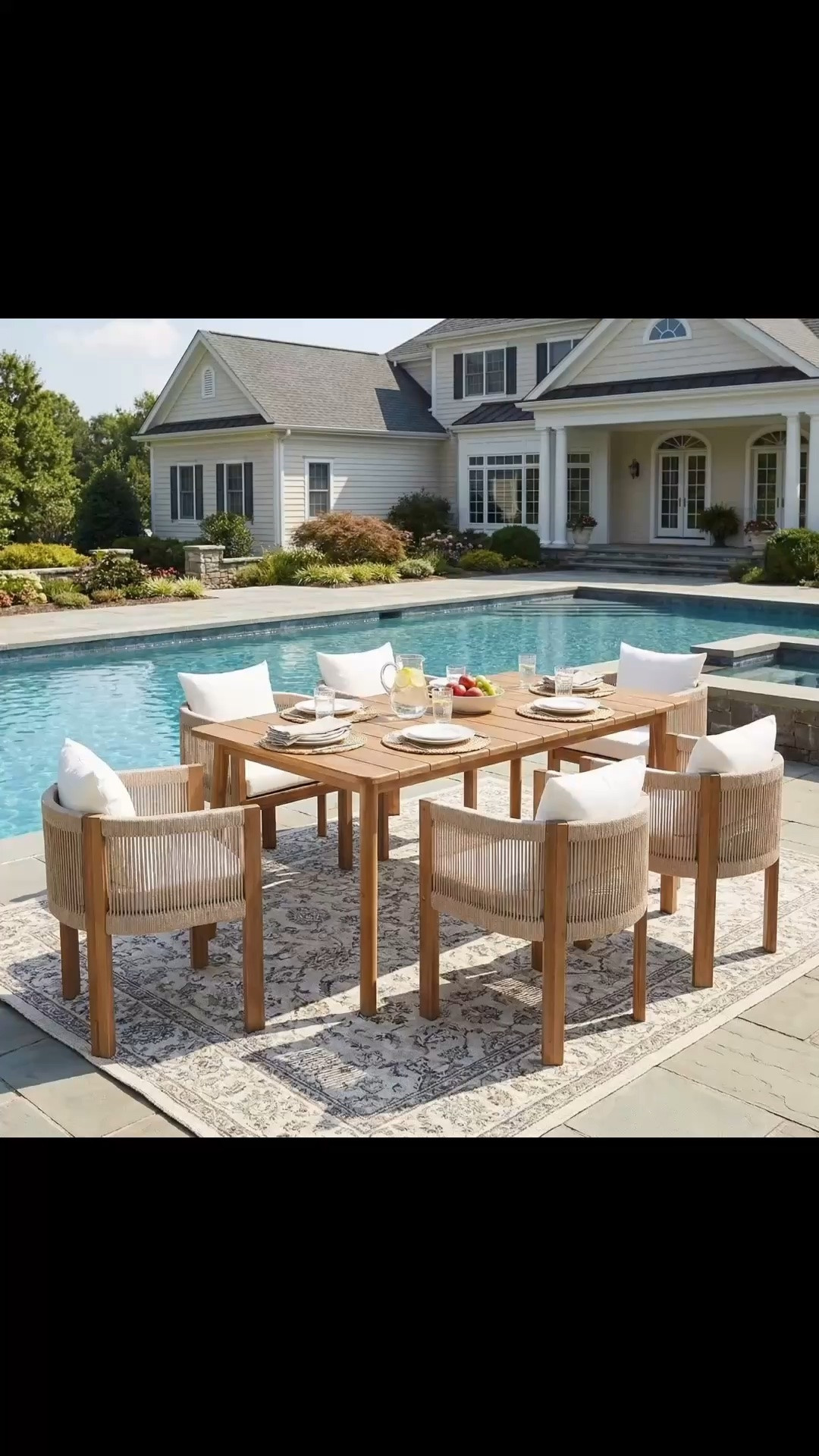 Keeton 7-Piece Modern Coastal Outdoor Dining Set With Acacia Wood Table And Rope-Wrapped Chairs With Cushions

#LTKTall #LTKMidsize #LTKHome