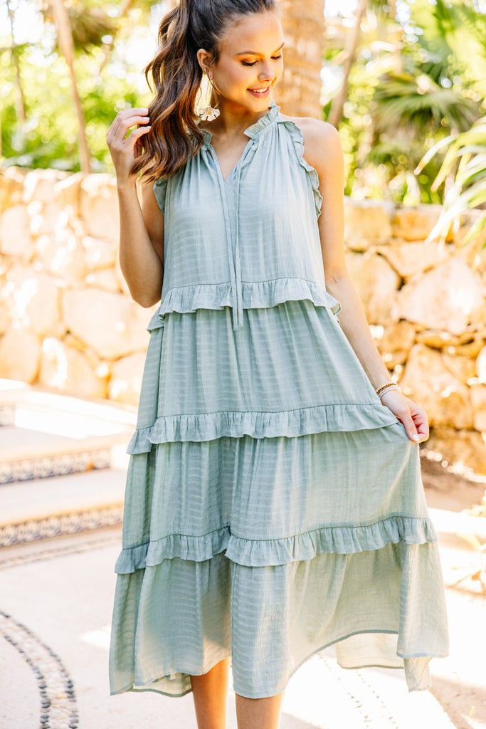 Pursue Perfection Sage Green Ruffled Midi Dress | The Mint Julep Boutique