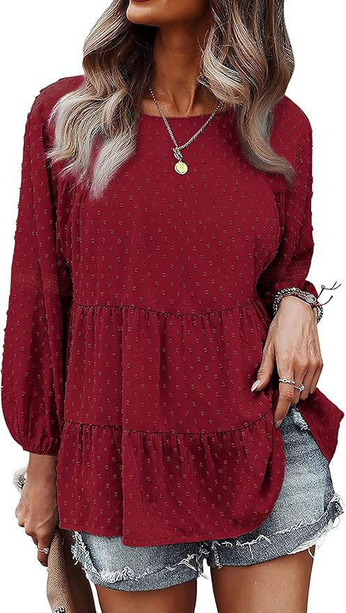 KOJOOIN Women's Chiffon Blouse Crochet Lace Puff Sleeve Babydoll Long Flowy Ruffle Shirts Loose P... | Amazon (US)