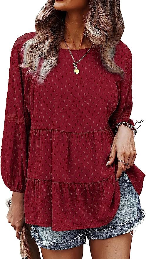 KOJOOIN Women's Chiffon Blouse Crochet Lace Puff Sleeve Babydoll Long Flowy Ruffle Shirts Loose P... | Amazon (US)